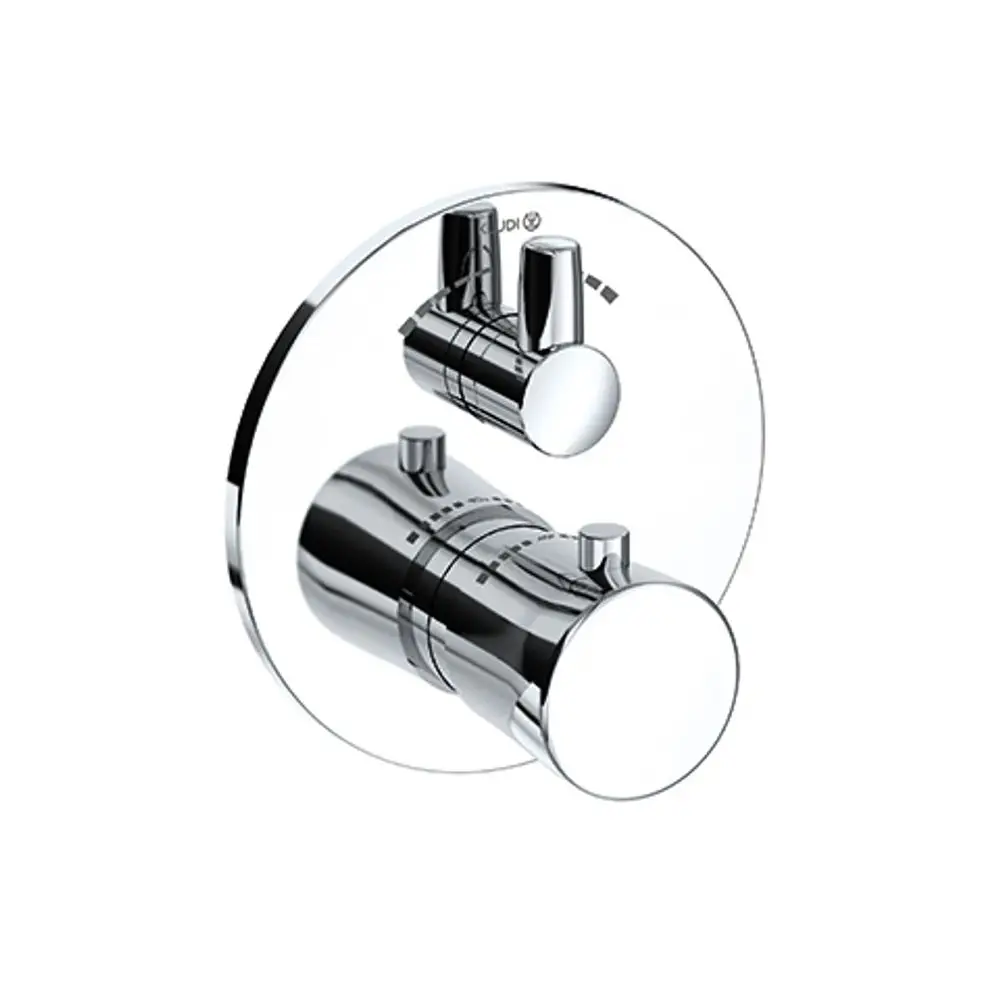 Wandmontiertes Chrom-Bedienelement von Kludi mit zwei Drehknöpfen zur Regulierung von Wasserfluss und Temperatur. Klare, runde Form mit Beschriftungen für Bedienung.
